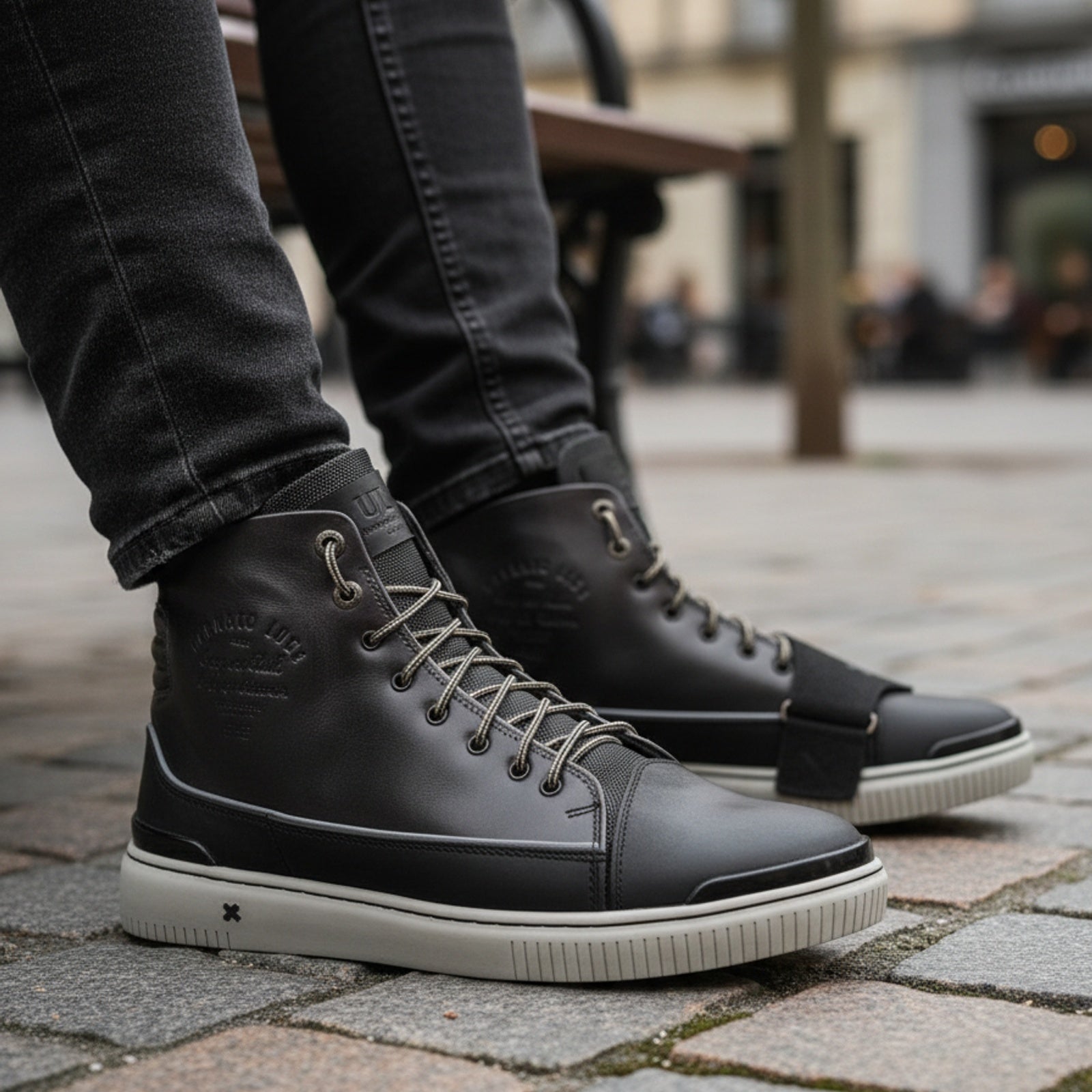 model-sitting-bench - Men's Black Leather High-Top Sneakers