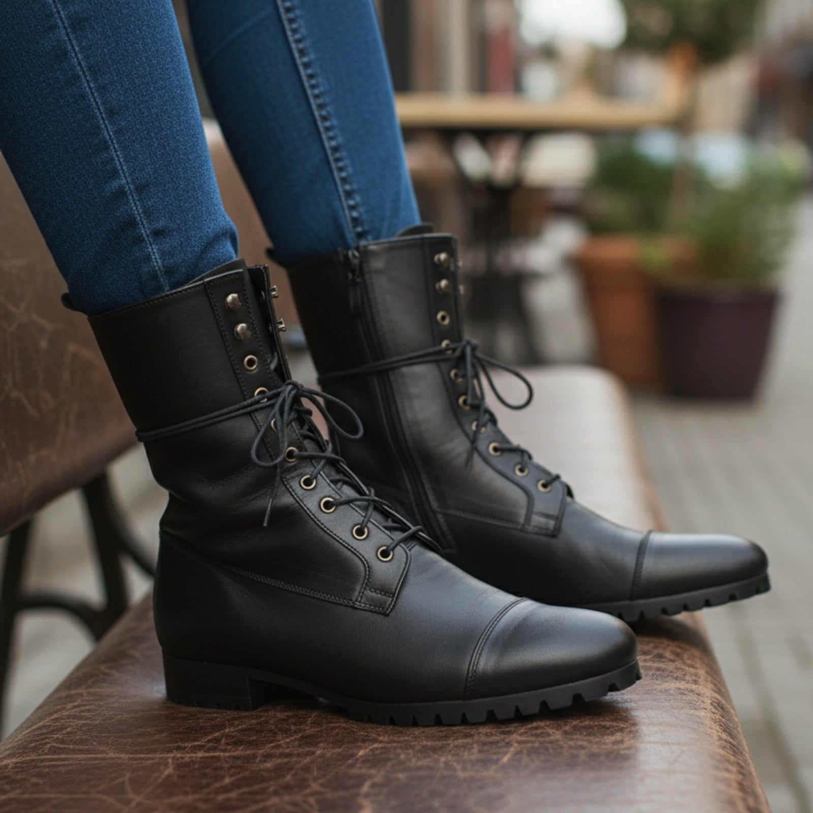 model-sitting-bench - Men's Black Leather Knee-High Military Boots