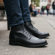model-sitting-bench - Men's Black Leather Lace-Up Ankle Boots