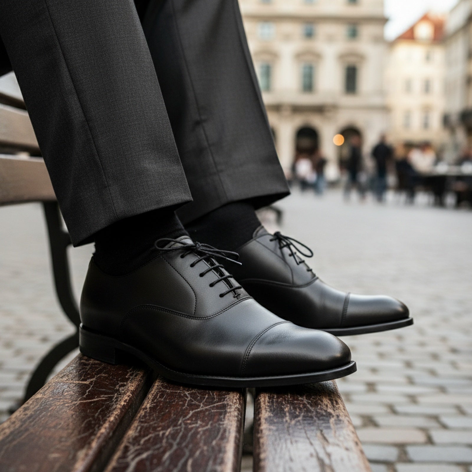 model-sitting-bench - Men's Black Leather Lace-Up Oxfords