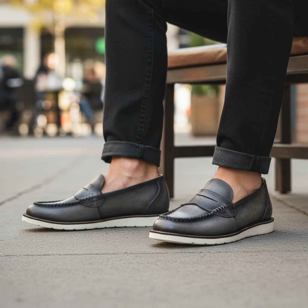 model-sitting-bench - Men's Black Leather Loafers