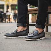 model-sitting-bench - Men's Black Leather Loafers