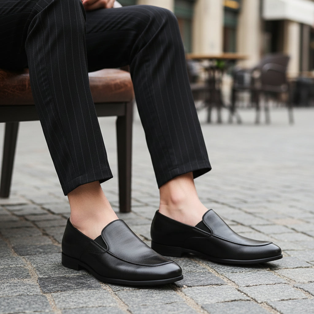 model-sitting-bench - Men's Black Leather Moccasin Loafers