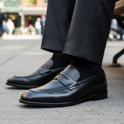 model-sitting-bench - Men's Black Leather Moccasins | Elegant Dress Design