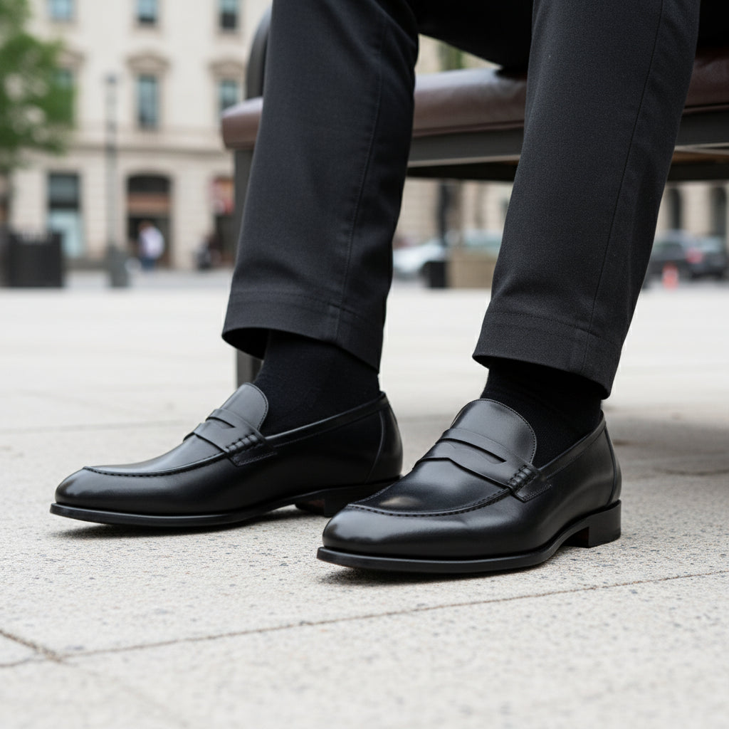 model-sitting-bench - Men's Black Leather Moccasins with Customizable Fit