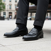 model-sitting-bench - Men's Black Leather Moccasins with Customizable Fit