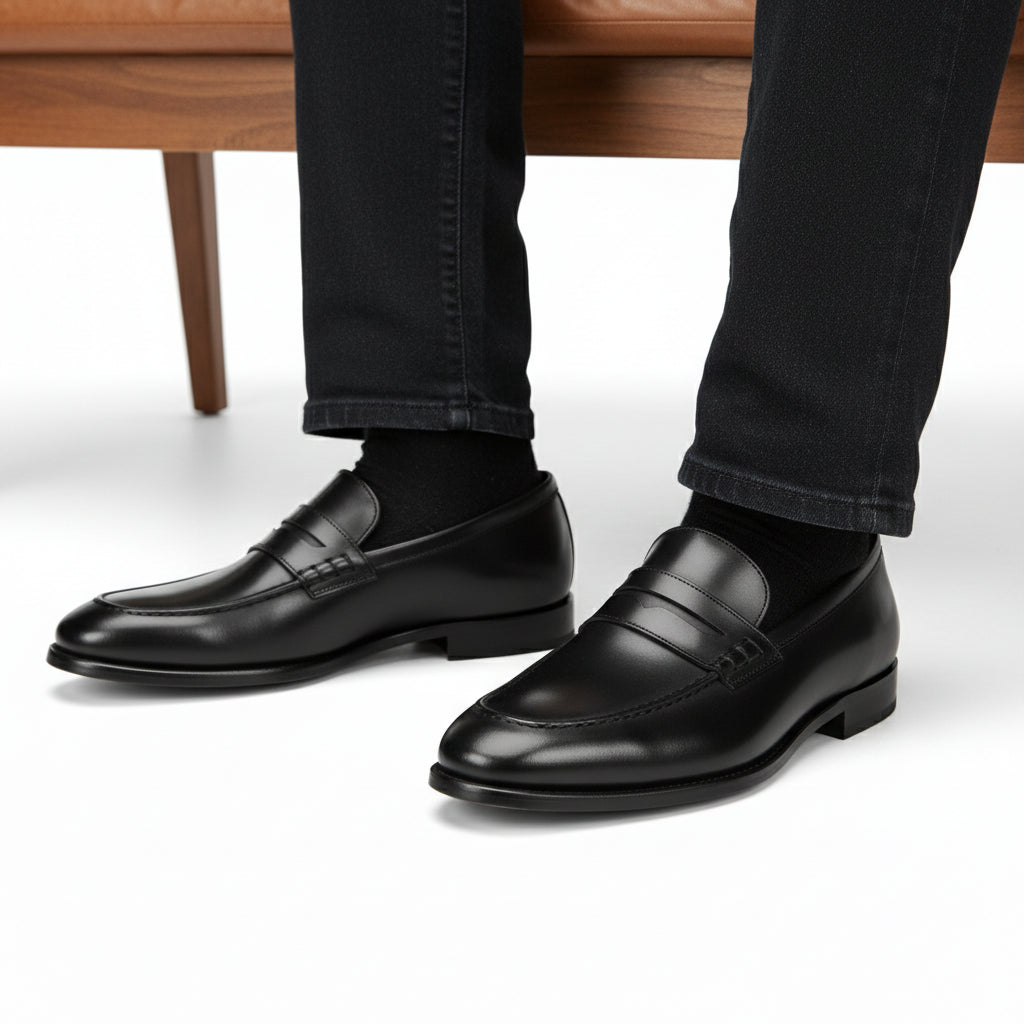 model-sitting-bench - Men's Black Leather Moccasins