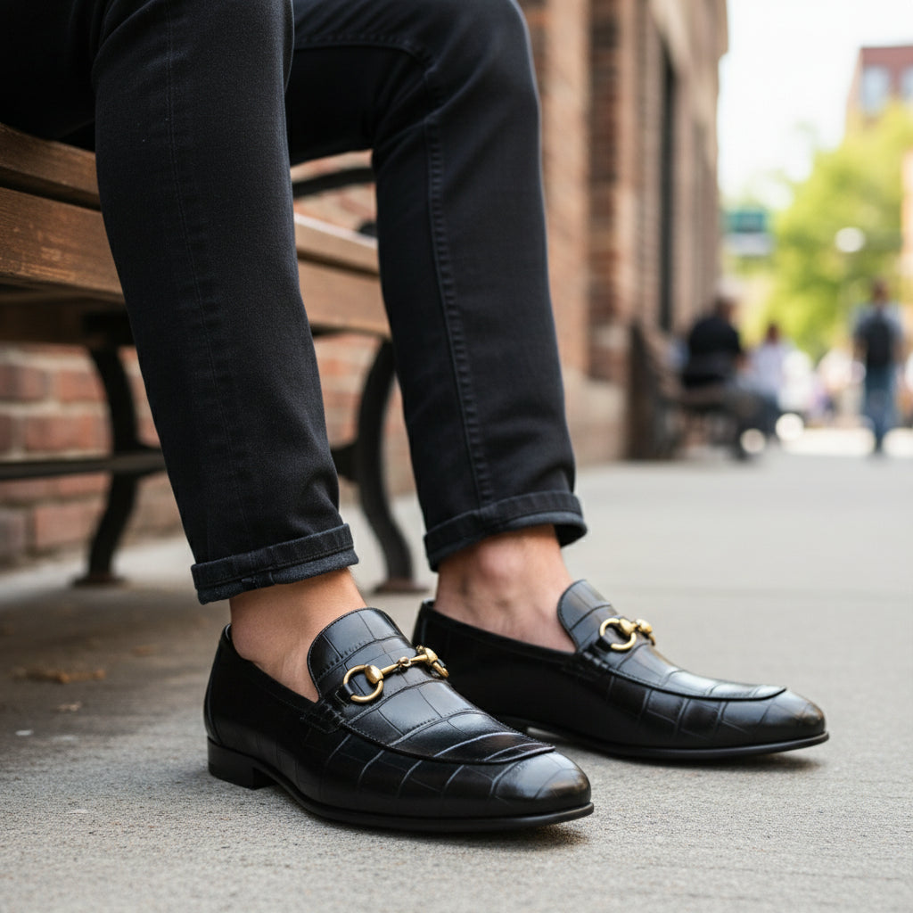 model-sitting-bench - Men's Black Leather Moccasins