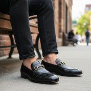 model-sitting-bench - Men's Black Leather Moccasins