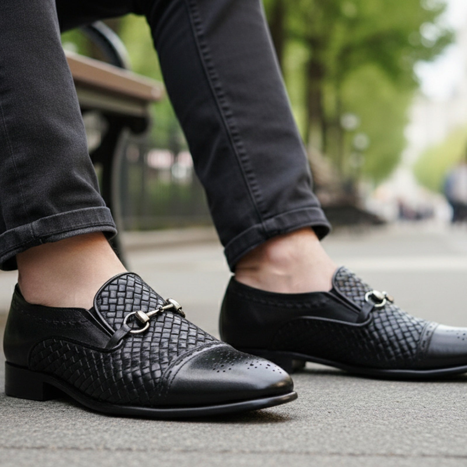 model-sitting-bench - Men's Black Leather Moccasins