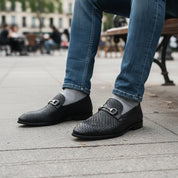 model-sitting-bench - Men's Black Leather Moccasins