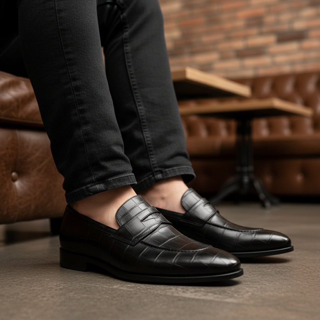 model-sitting-bench - Men's Black Leather Moccasins