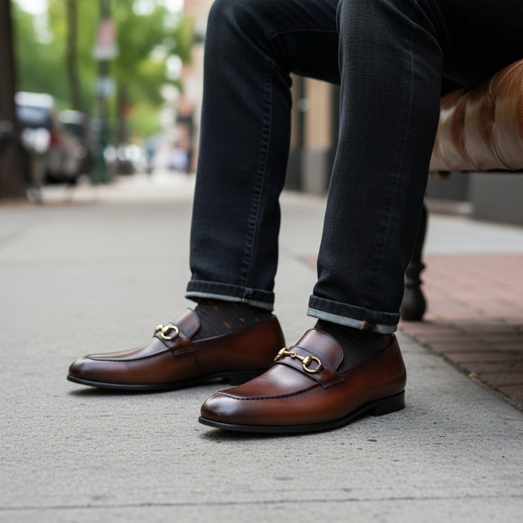 model-sitting-bench - Men's Black Leather Modern Loafers