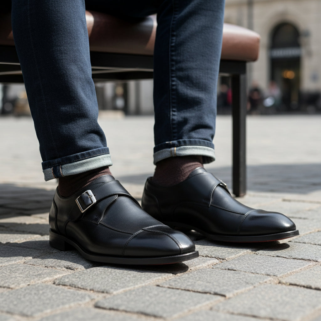 model-sitting-bench - Men's Black Leather Monk Dress Shoes