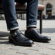 model-sitting-bench - Men's Black Leather Monk Dress Shoes