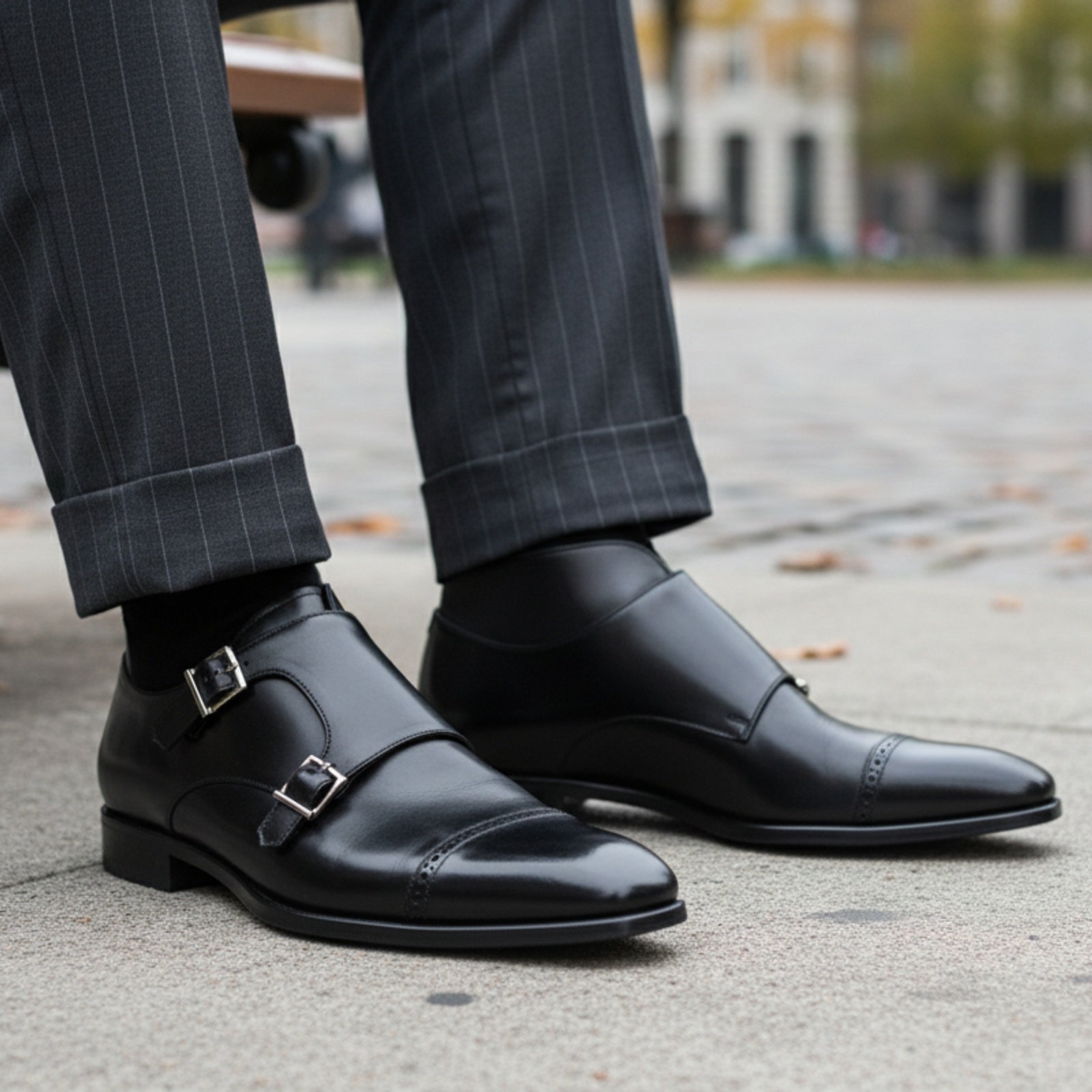 model-sitting-bench - Men's Black Leather Monk Strap Shoes