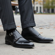model-sitting-bench - Men's Black Leather Monk Strap Shoes