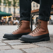 model-sitting-bench - Men's Black Leather Moto Boots