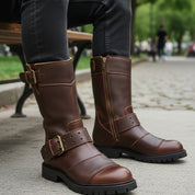 model-sitting-bench - Men's Black Leather Motorcycle Boots