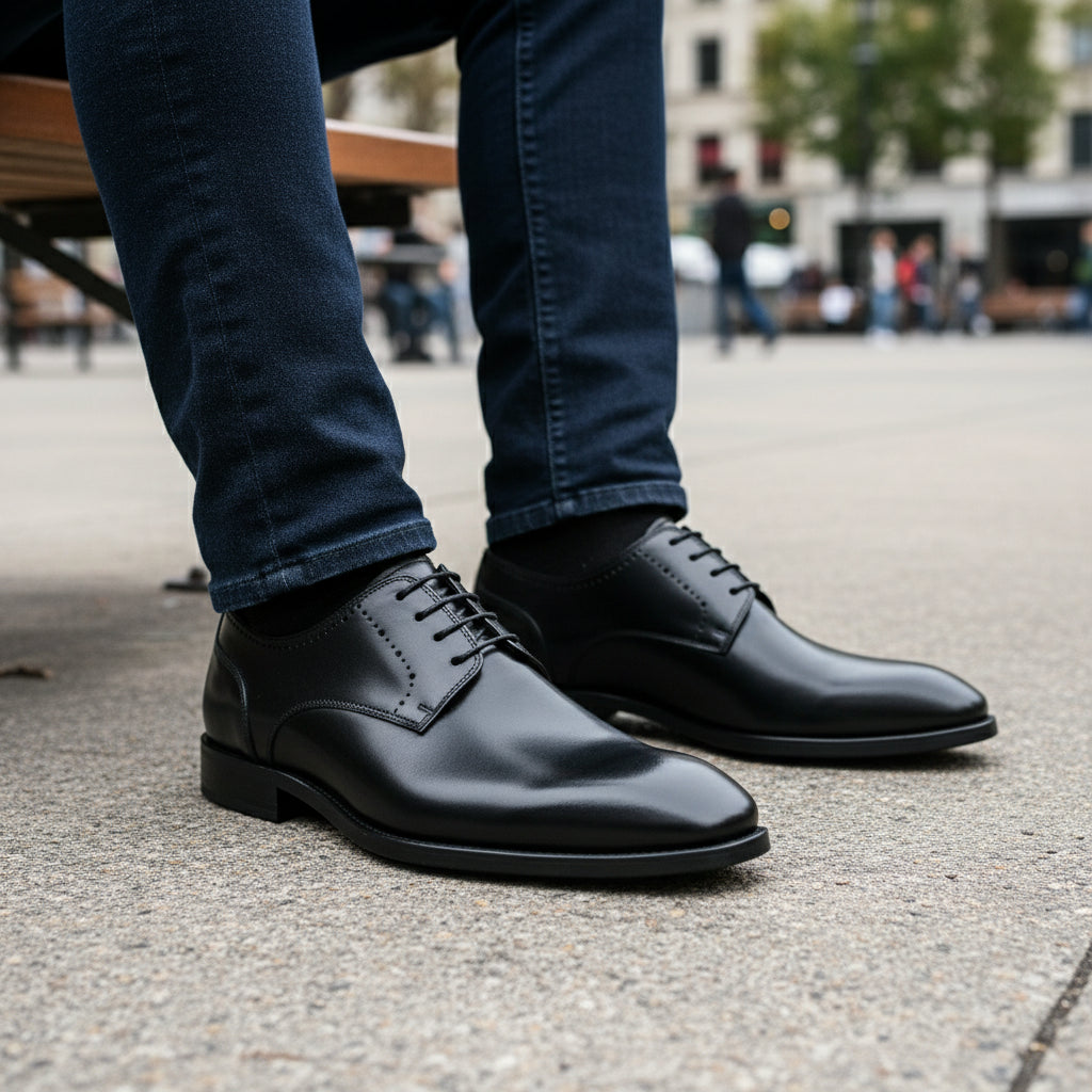 model-sitting-bench - Men's Black Leather Oxford Dress Shoes with Lace-Up Closure