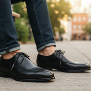 model-sitting-bench - Men's Black Leather Oxford Dress Shoes