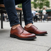 model-sitting-bench - Men's Black Leather Oxford Dress Shoes