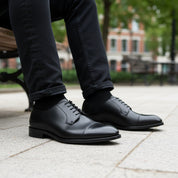 model-sitting-bench - Men's Black Leather Oxford Dress Shoes