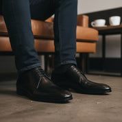 model-sitting-bench - Men's Black Leather Oxford Dress Shoes