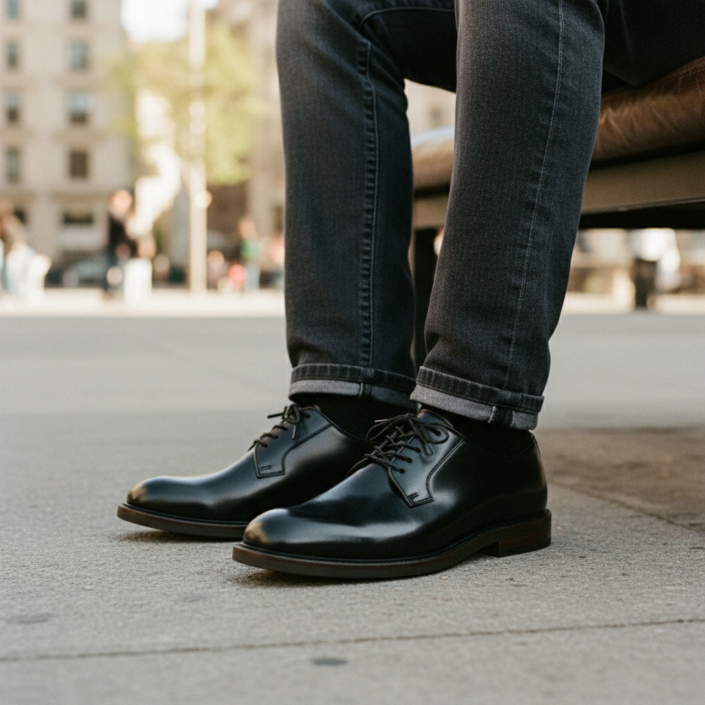 model-sitting-bench - Men's Black Leather Oxford Shoes