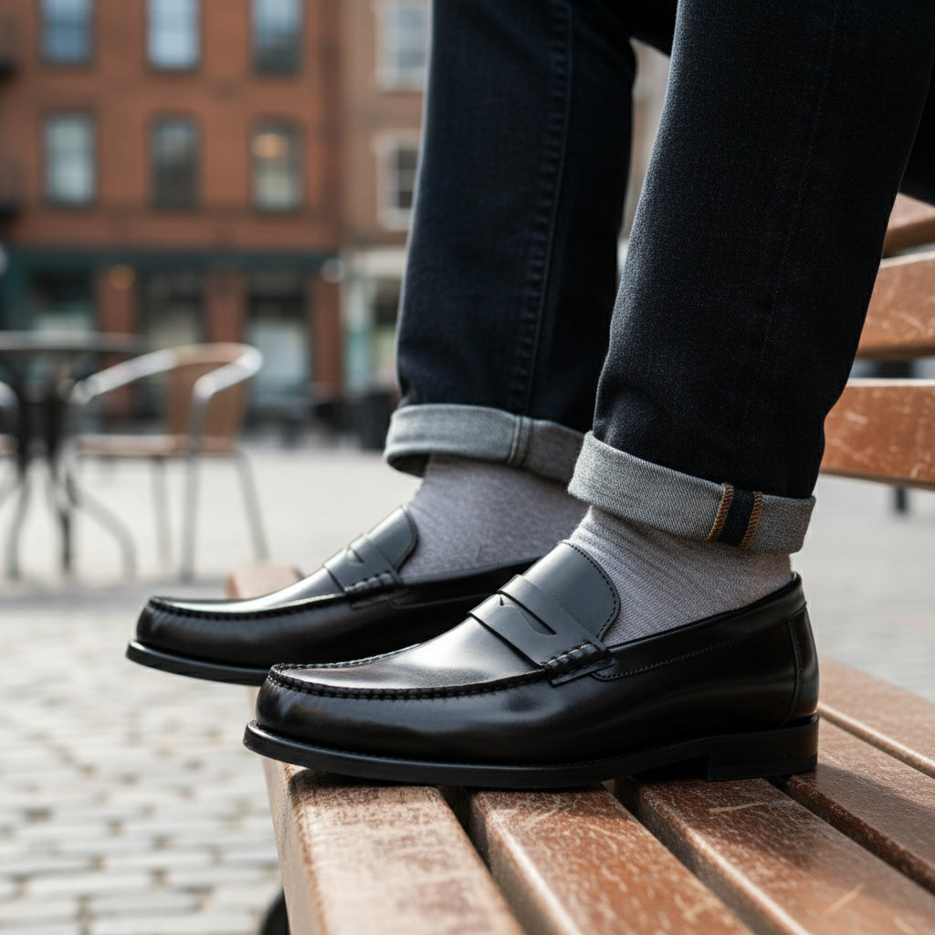 model-sitting-bench - Men's Black Leather Penny Loafers