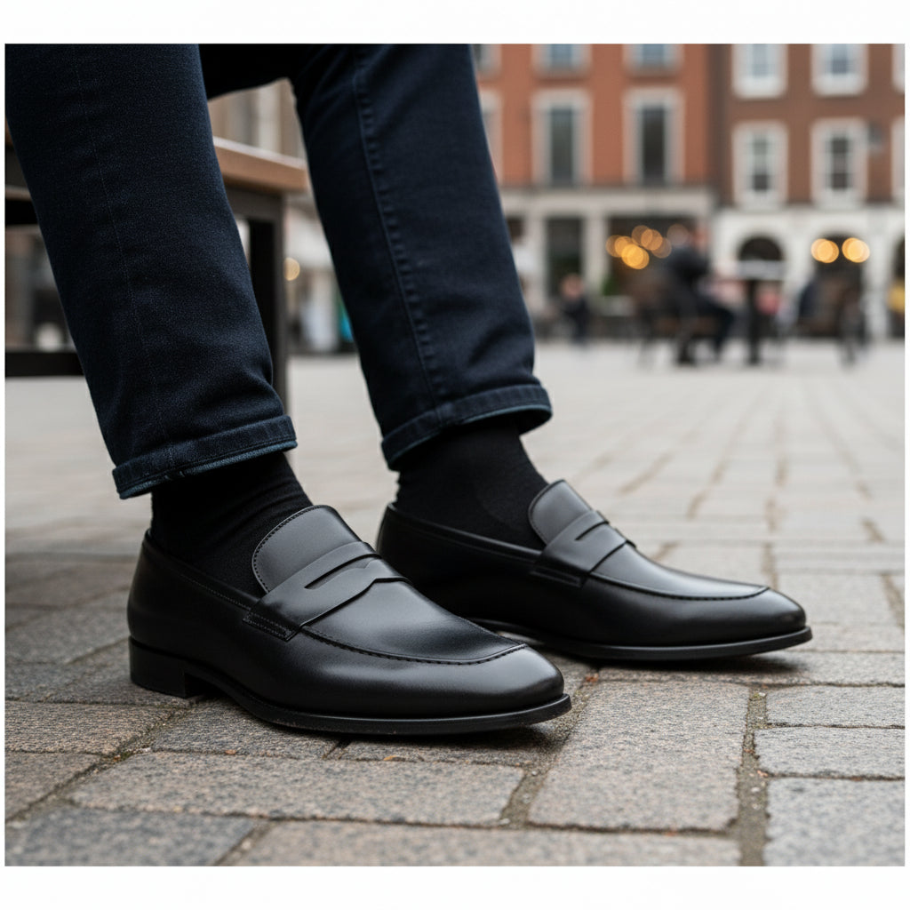 model-sitting-bench - Men's Black Leather Slip-On Dress Shoes
