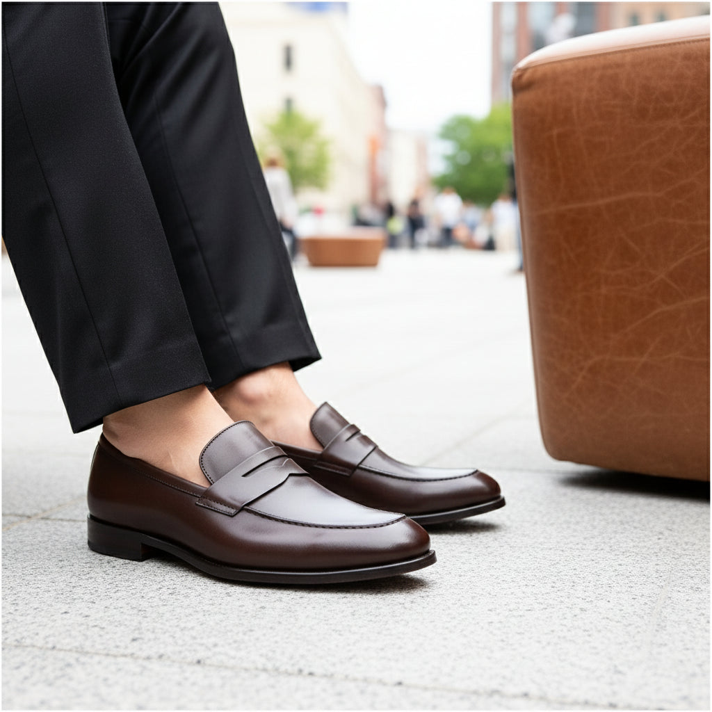 model-sitting-bench - Men's Black Leather Slip-On Loafers