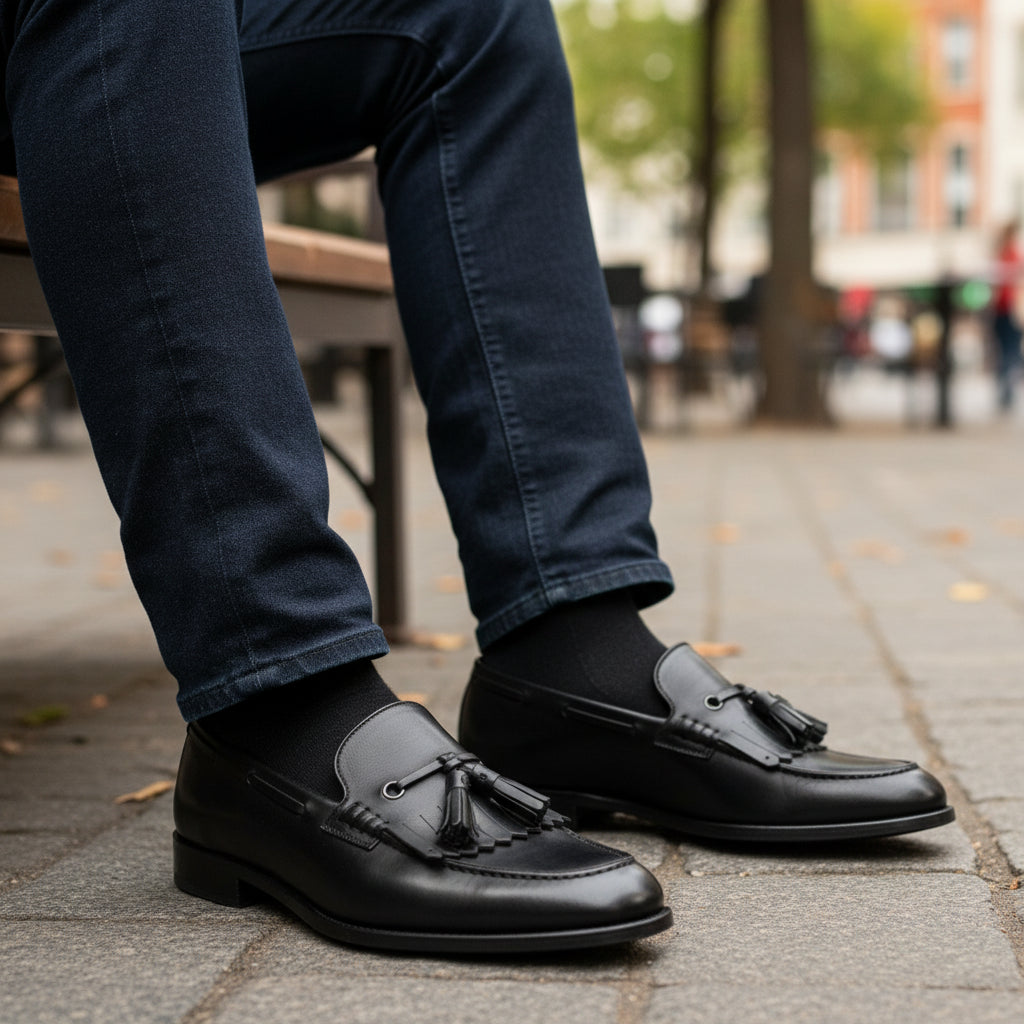 model-sitting-bench - Men's Black Leather Tassel Fringe Moccasins
