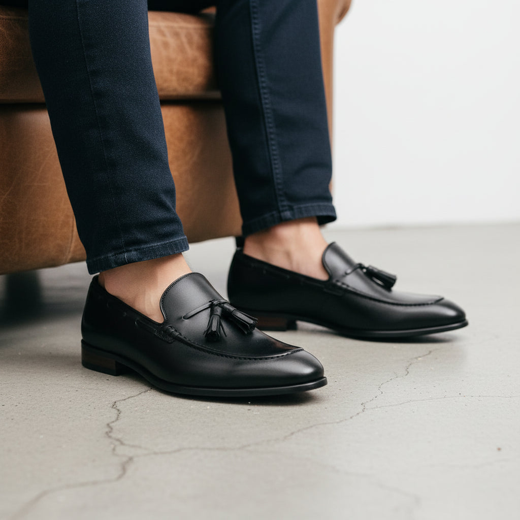model-sitting-bench - Men's Black Leather Tassel Loafers