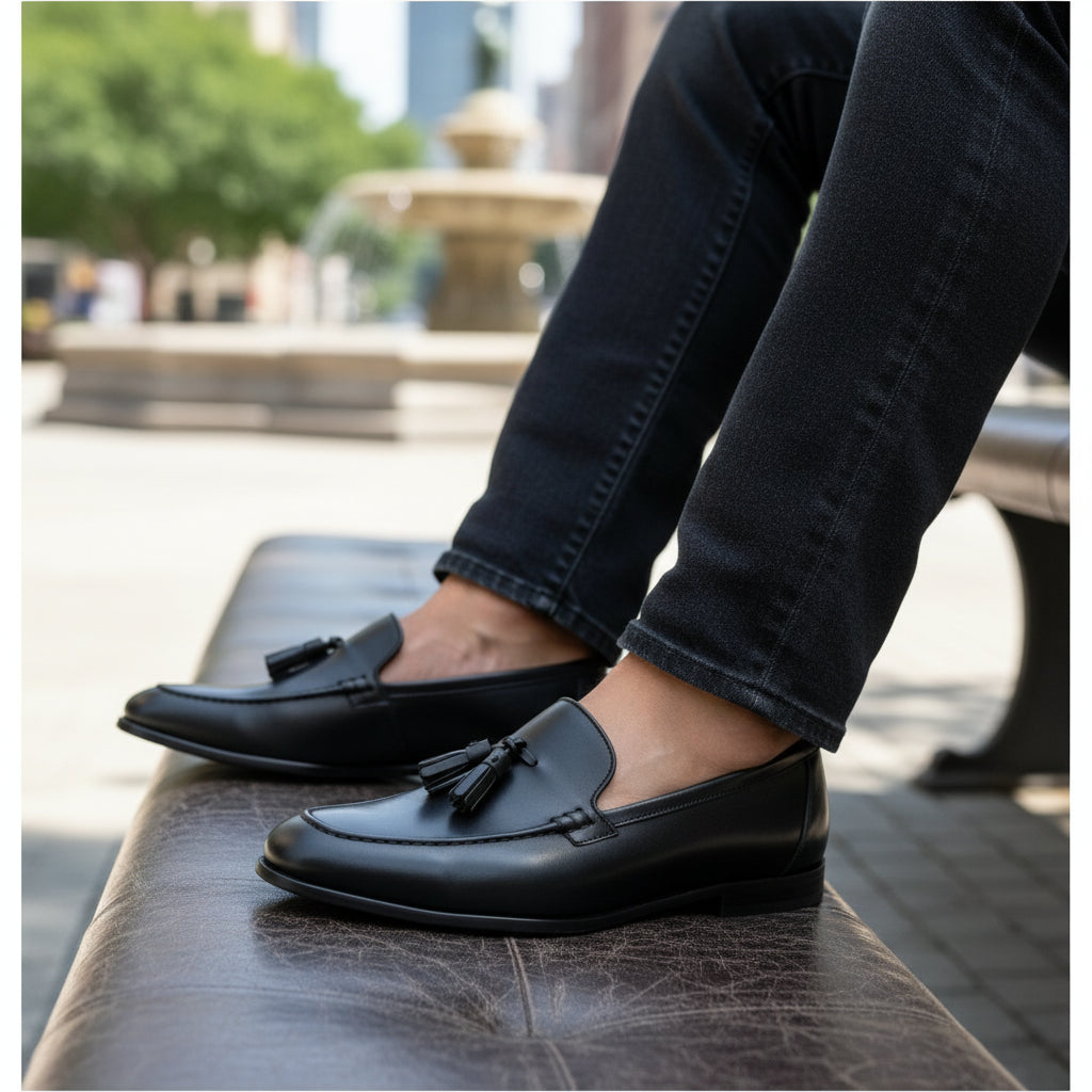 model-sitting-bench - Men's Black Leather Tassel Moccasins