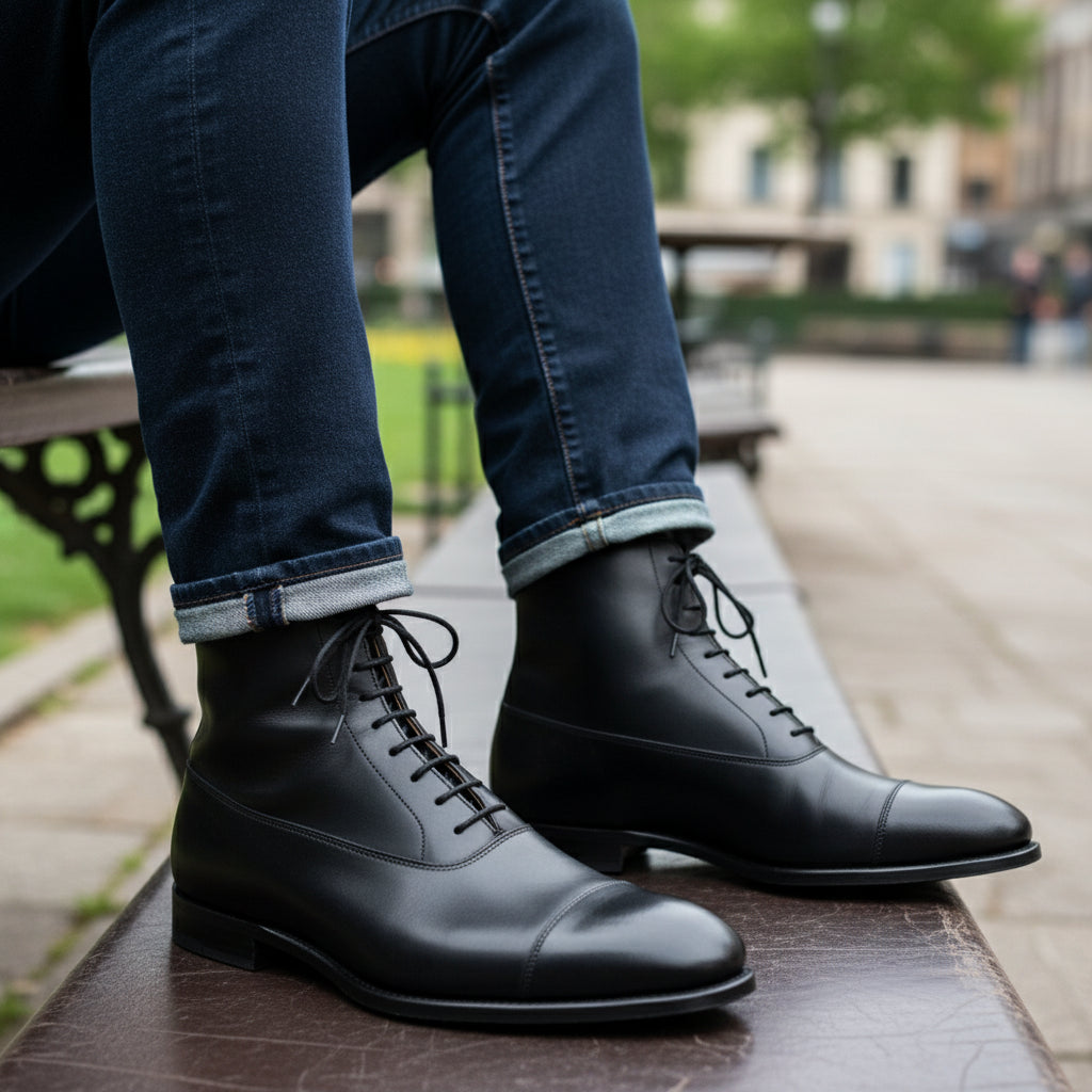 model-sitting-bench - Men's Black Leather Tuxedo Boots