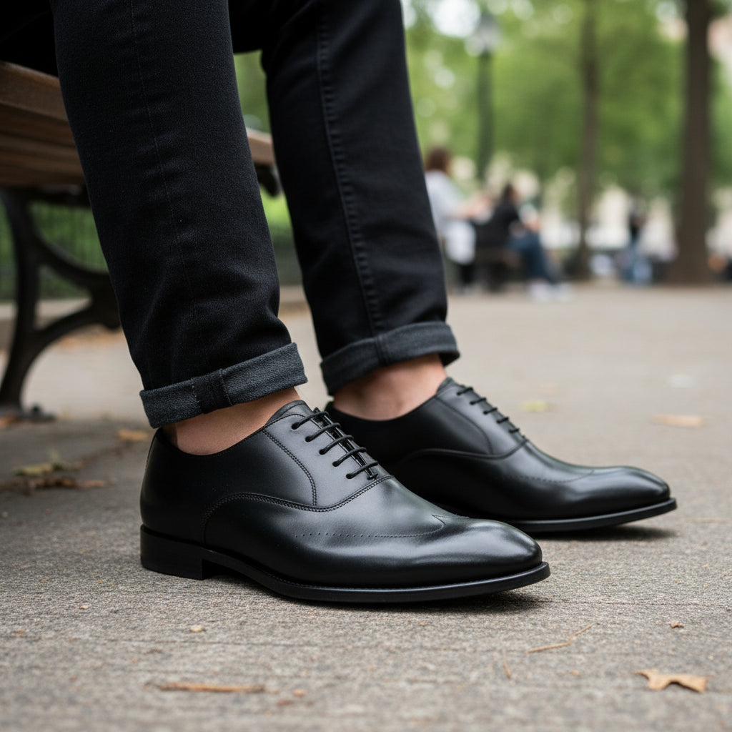 model-sitting-bench - Men's Black Leather Tuxedo Dress Shoes