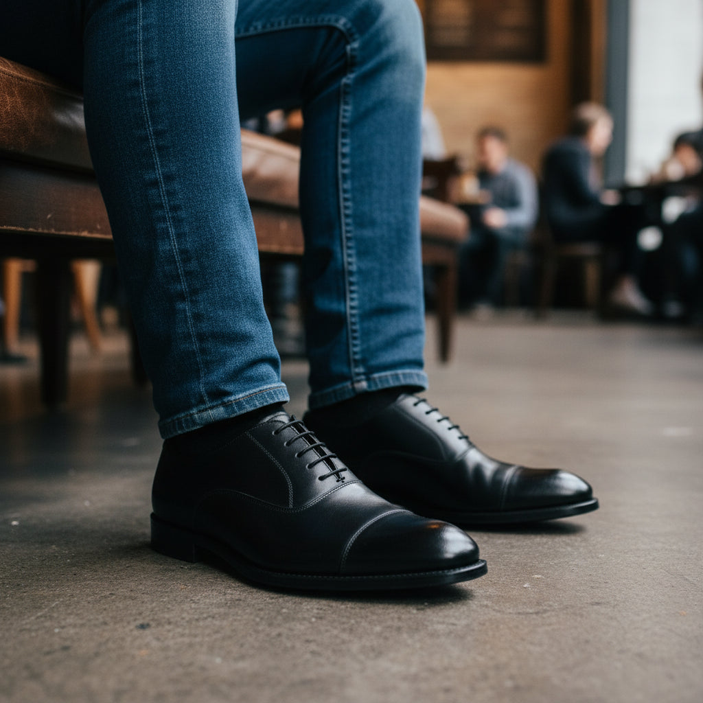 model-sitting-bench - Men's Black Leather Tuxedo Oxford Dress Shoes