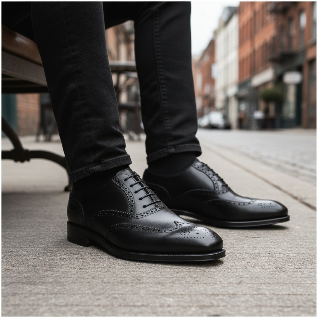 model-sitting-bench - Men's Black Leather Wing Tip Brogue Dress Shoes