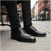 model-sitting-bench - Men's Black Leather Wing Tip Brogue Dress Shoes