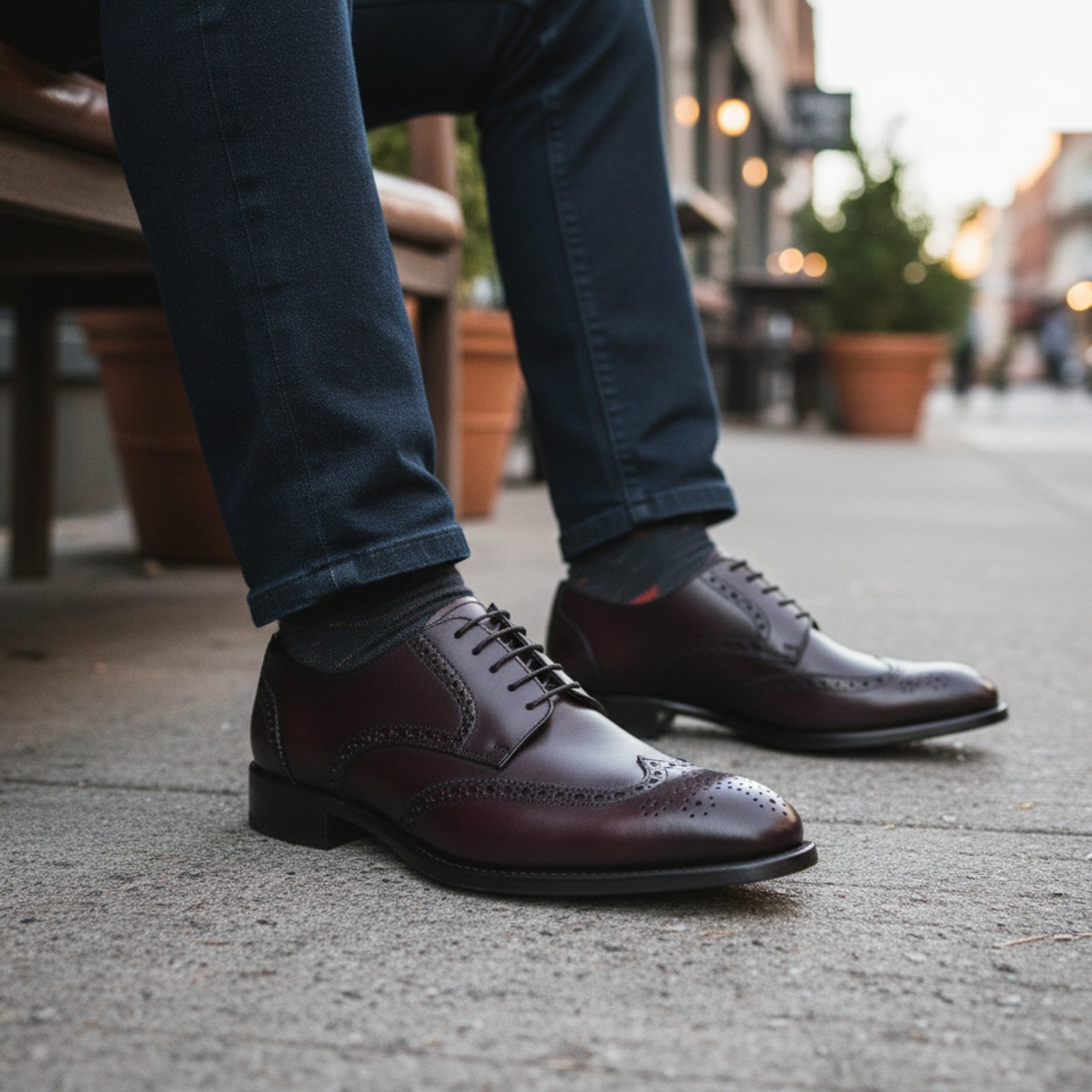 model-sitting-bench - Men's Black Leather Wingtip Brogue Dress Shoes
