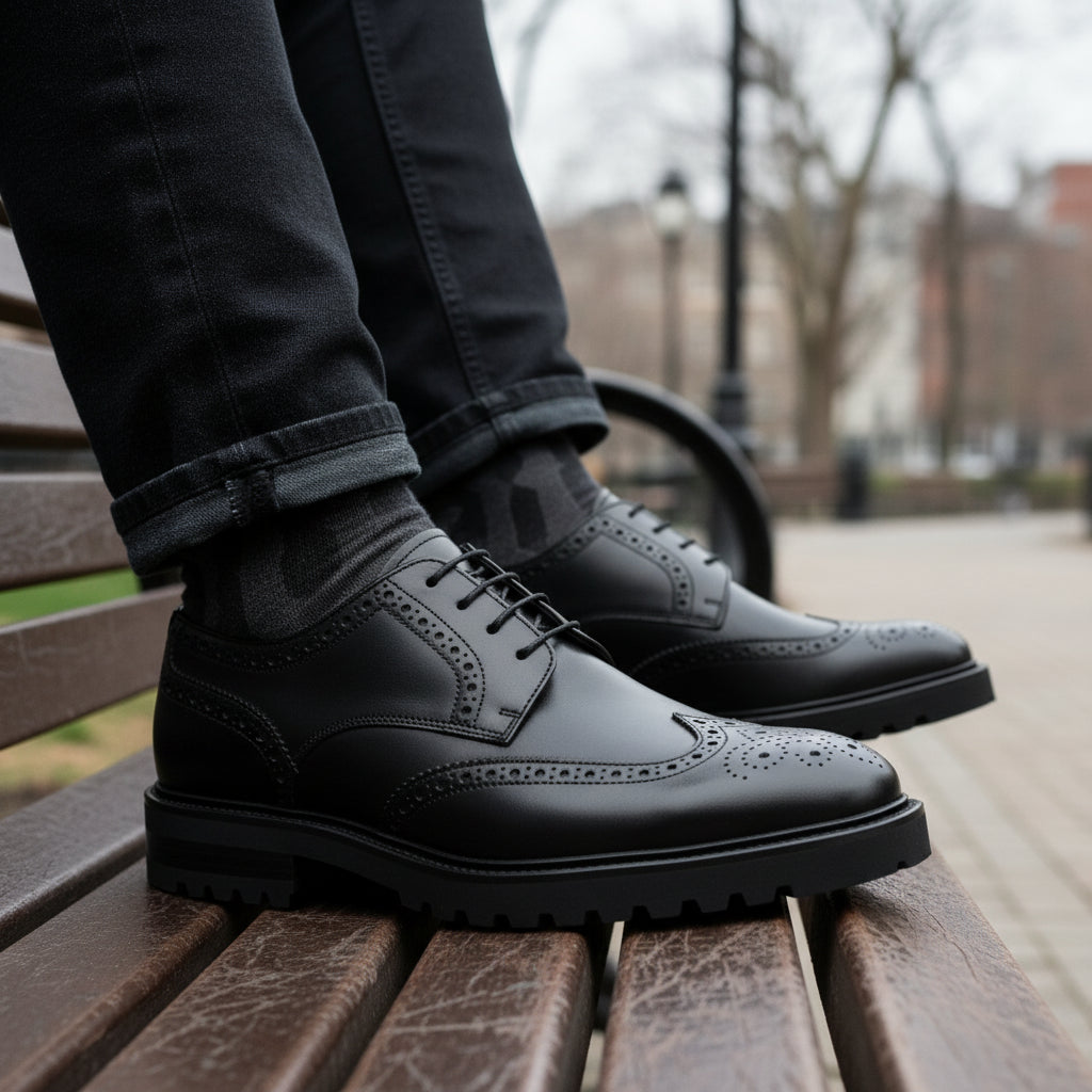 model-sitting-bench - Men's Black Leather Wingtip Brogue Shoes