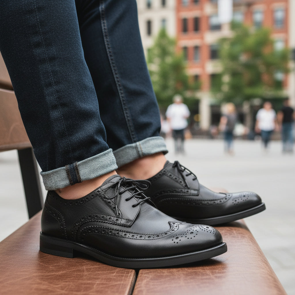 model-sitting-bench - Men's Black Leather Wingtip Brogues