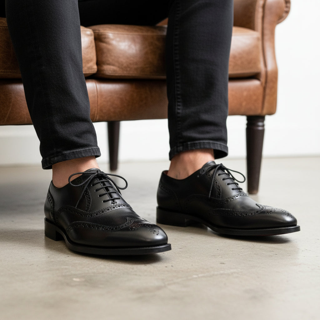 Men's Black Leather Wingtip Oxford Dress Shoes - model-sitting-bench