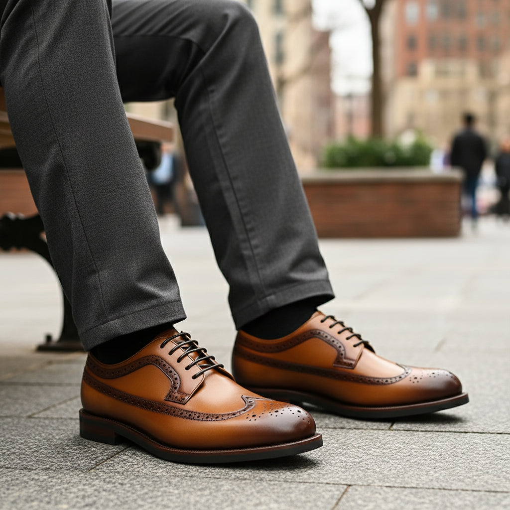 model-sitting-bench - Men's Black Leather Wingtip Oxford Shoes
