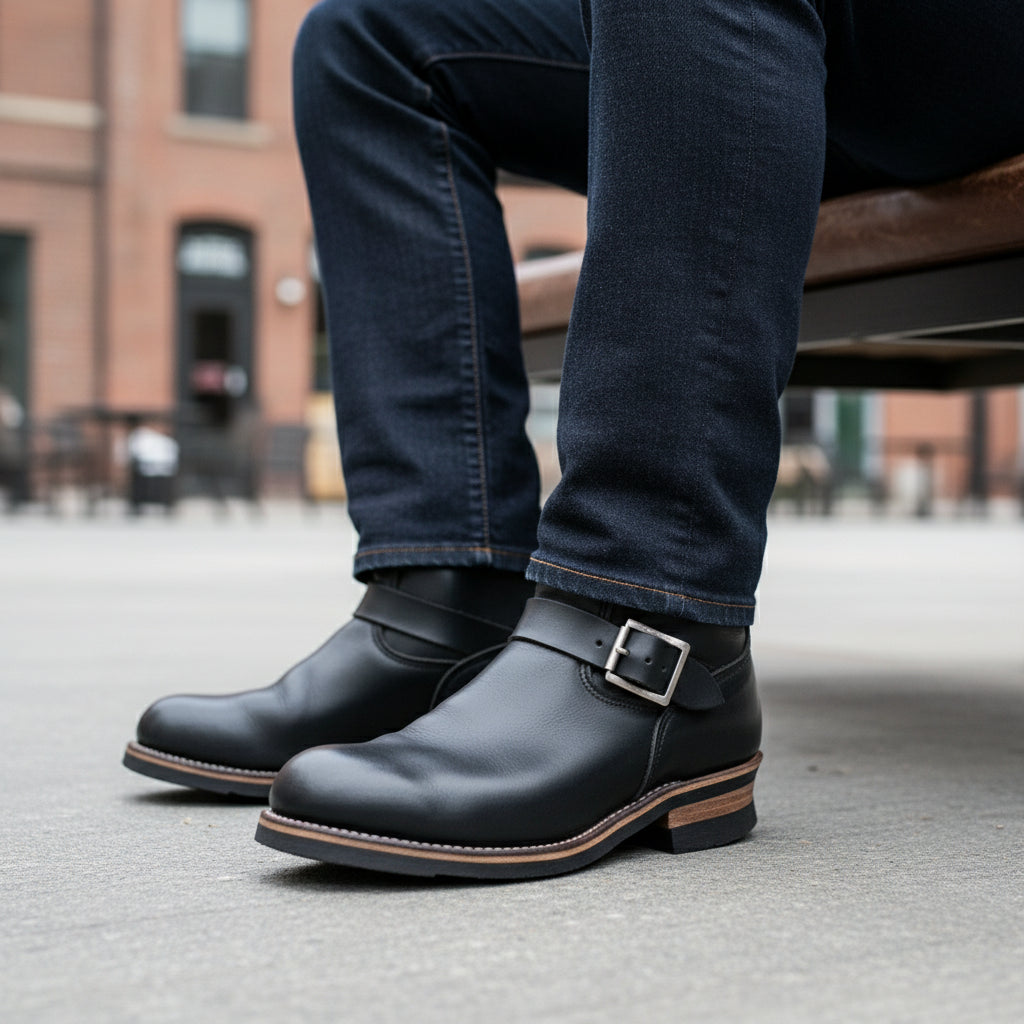 model-sitting-bench - Men's Black Leather Work Boots