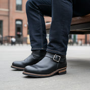 model-sitting-bench - Men's Black Leather Work Boots