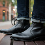 model-sitting-bench - Men's Black Leather Zip Boots Engineer Design