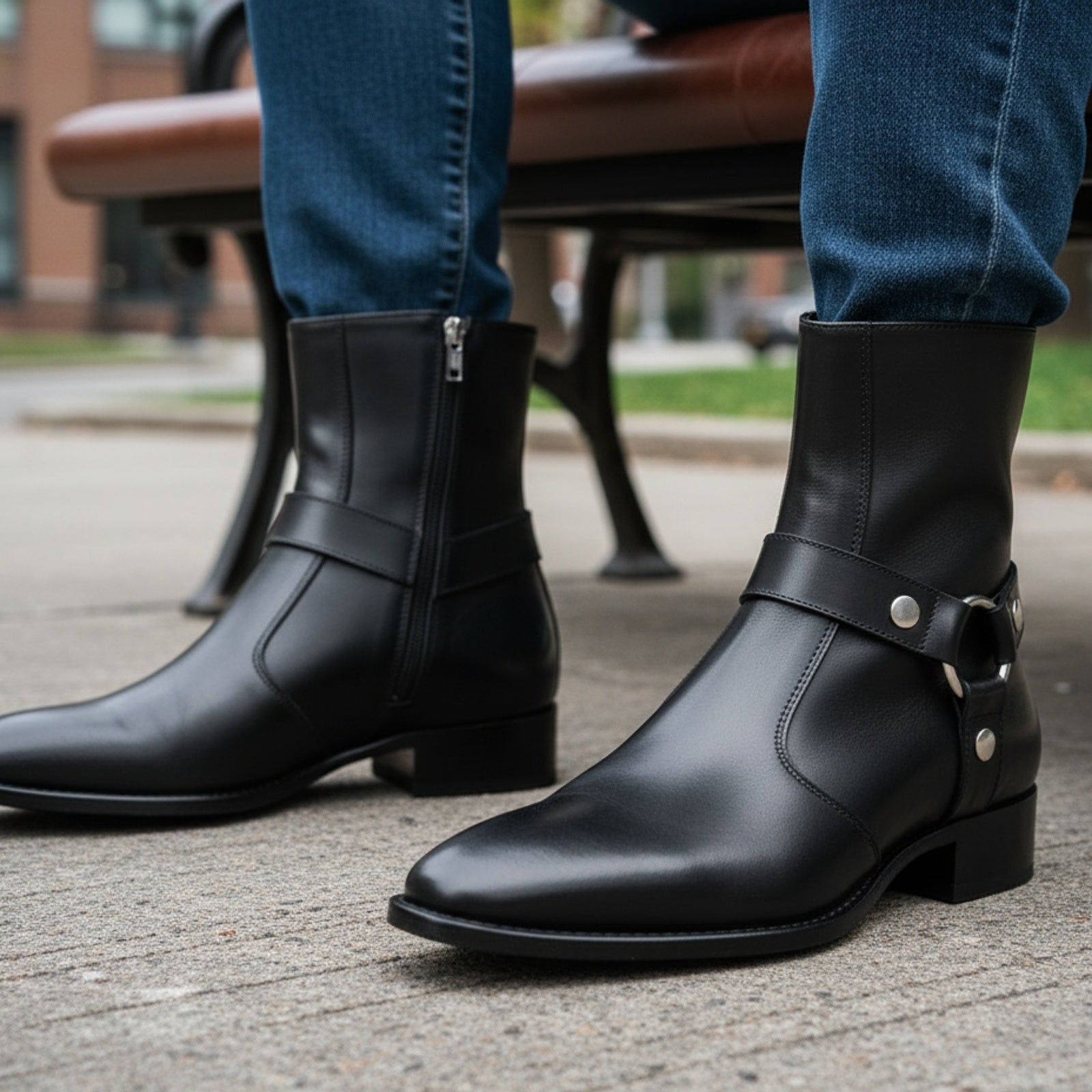 model-sitting-bench - Men's Black Leather Zip Boots with Cuban Heel