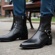 model-sitting-bench - Men's Black Leather Zip Boots with Cuban Heel